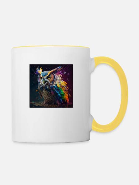Farbige Eule, einzigartiges Design - Tasse zweifarbig - Weiß/Gelb