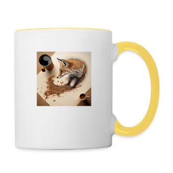 FOX0610 fox drinking a cup of coffee - Tasse zweifarbig - Weiß/Gelb - Rechts