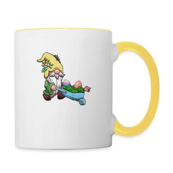 Ostergartenzwerg mit Schubkarre - Tasse zweifarbig - Weiß/Gelb - Rechts