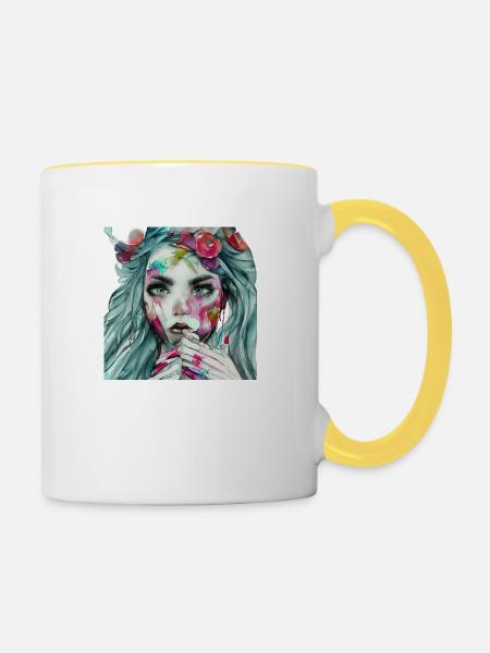 Aquarellgesicht mit Blütenkranz - Tasse zweifarbig - Weiß/Gelb