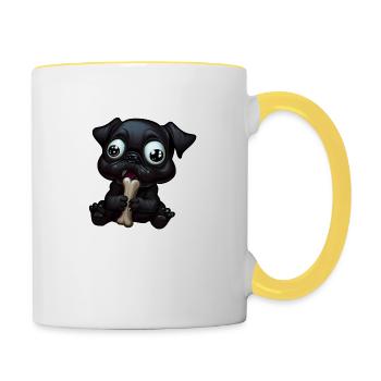 Little, dark Bulldog eating a bone - Contrasting Mug - white/yellow - Right