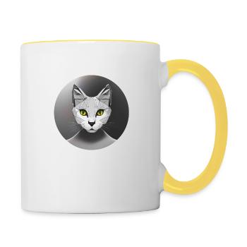 Katze als Grafik Low Poly Art Kreis Schwarz-Weiß - Tasse zweifarbig - Weiß/Gelb - Rechts