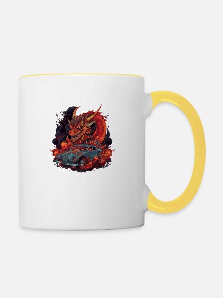 Drachen Auto - Tasse zweifarbig - Weiß/Gelb
