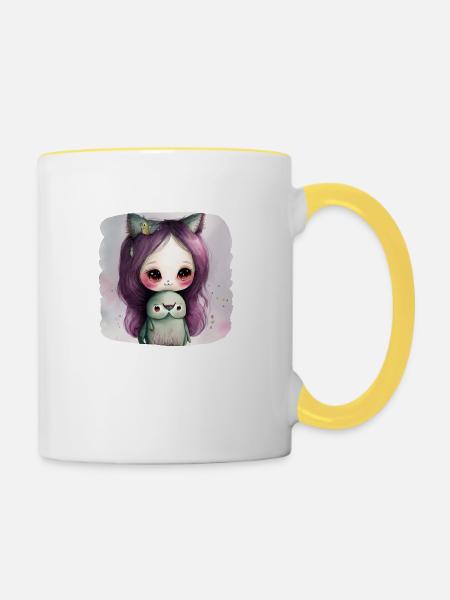 Katze Katzenmädchen - Phantasie - Tasse zweifarbig - Weiß/Gelb