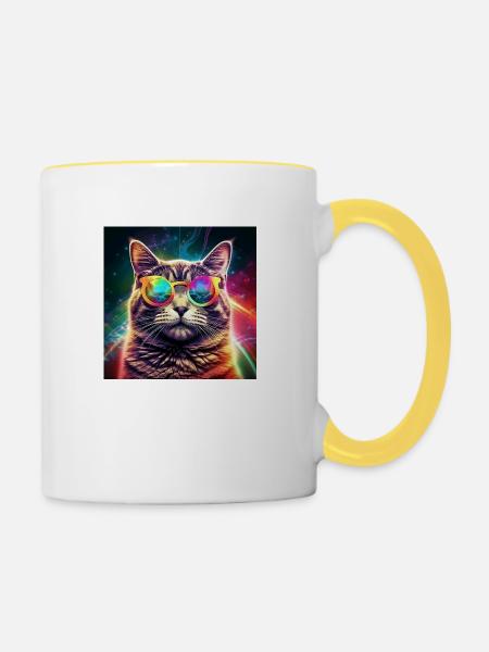 Kosmischer Katzenflair - Tasse zweifarbig - Weiß/Gelb