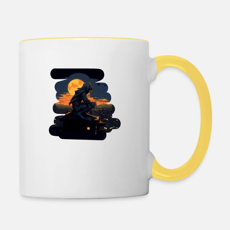 Ninja la nuit sur le toit #1 - Mug contrasté - blanc/jaune