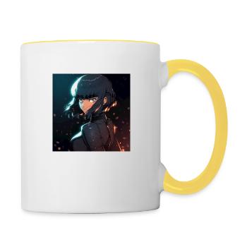Cybernetic Enigma: Mysterious Anime-Style Woman - Contrasting Mug - white/yellow - Right