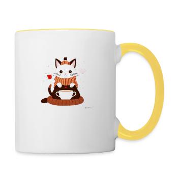 Cat with tea in its paws - Contrasting Mug - white/yellow - Right