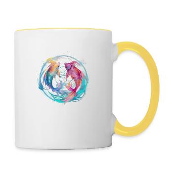 Blauer und rosafarbener Fisch - Tasse zweifarbig - Weiß/Gelb - Rechts