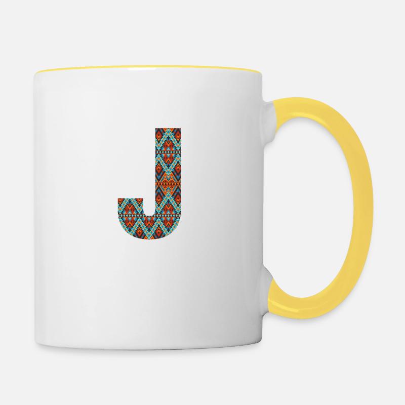 Letter J- boho design, Colorful monogram - Contrasting Mug - white/yellow