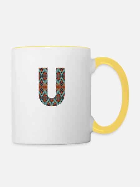 Buchstabe U-Boho-Design, Buntes Monogramm - Tasse zweifarbig - Weiß/Gelb