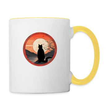 Japanische Katze bei Sonnenuntergang #1 - Tasse zweifarbig - Weiß/Gelb - Rechts