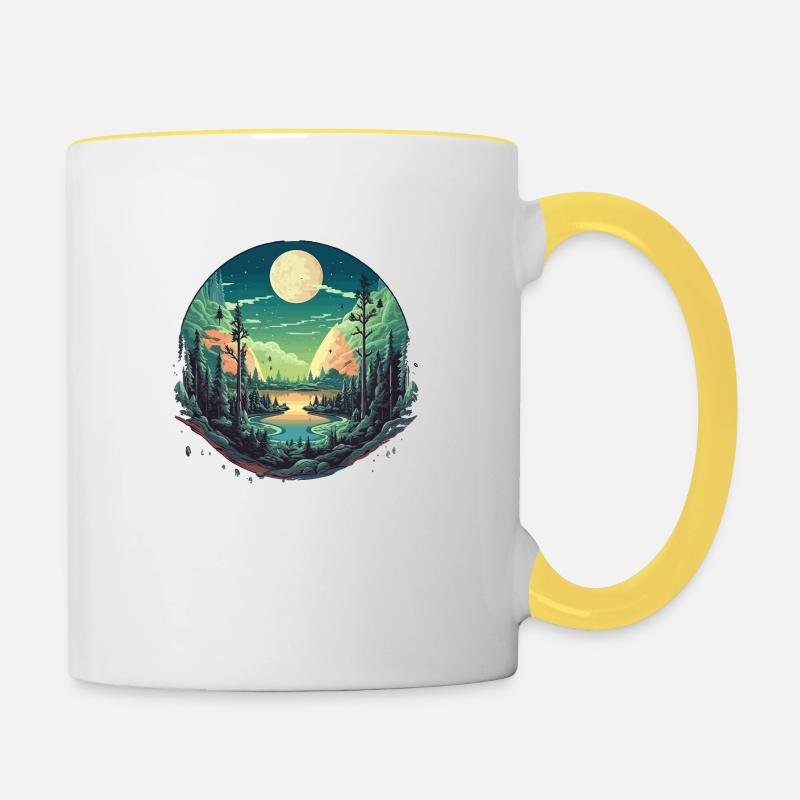 Surreal forest scenery at night - Contrasting Mug - white/yellow