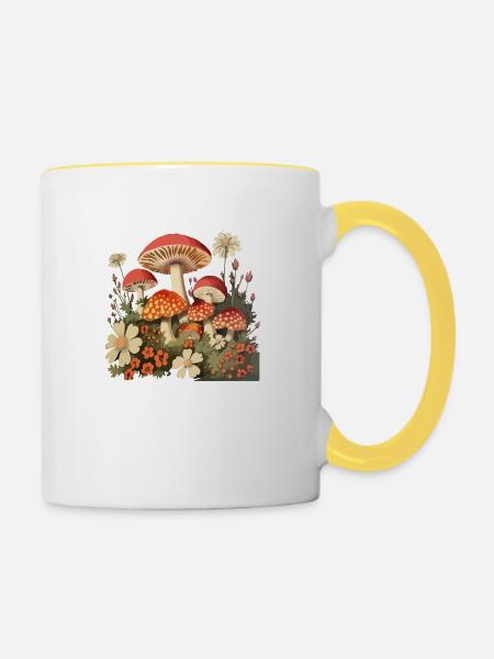 Pilze und Blumen - Tasse zweifarbig - Weiß/Gelb