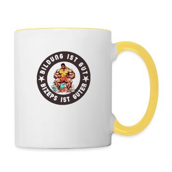 Bildung ist gut, Bizeps ist guter Fitness Humor - Tasse zweifarbig - Weiß/Gelb - Rechts