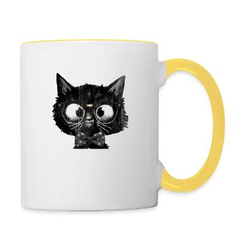 cat ,illustration ,watercolor,black,nerd, bow tie - Contrasting Mug - white/yellow - Right