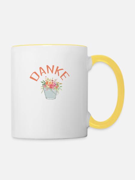 Danke! Blumen-Eimer, personalisierbar - Tasse zweifarbig - Weiß/Gelb