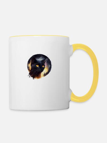 Schwarze Katze - Tasse zweifarbig - Weiß/Gelb
