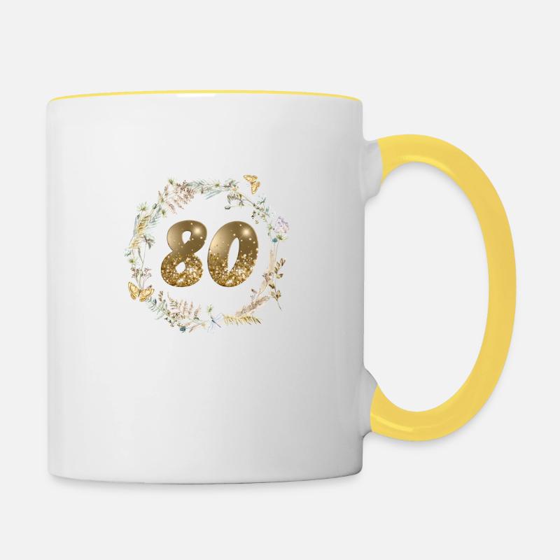 Number 80, glitter, boho wreath, customizable - Contrasting Mug - white/yellow