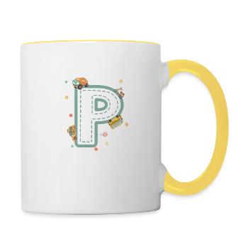 Buchstabe p Fahrzeug - personalisiertes Kindergeschenk - Tasse zweifarbig - Weiß/Gelb - Rechts