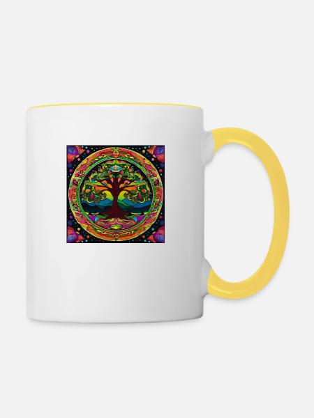 Trippy Mandala Baum - Tasse zweifarbig - Weiß/Gelb