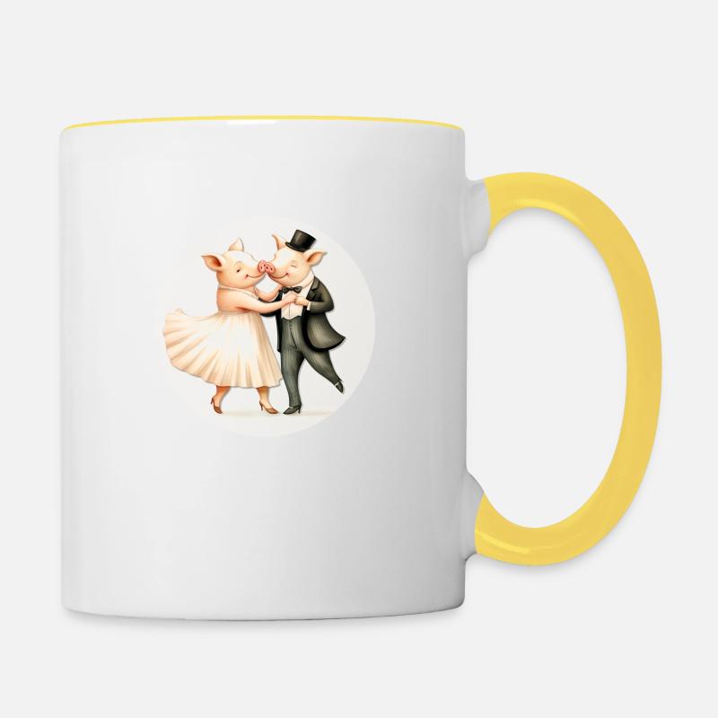 Deux cochons dansent - Mug contrasté - blanc/jaune