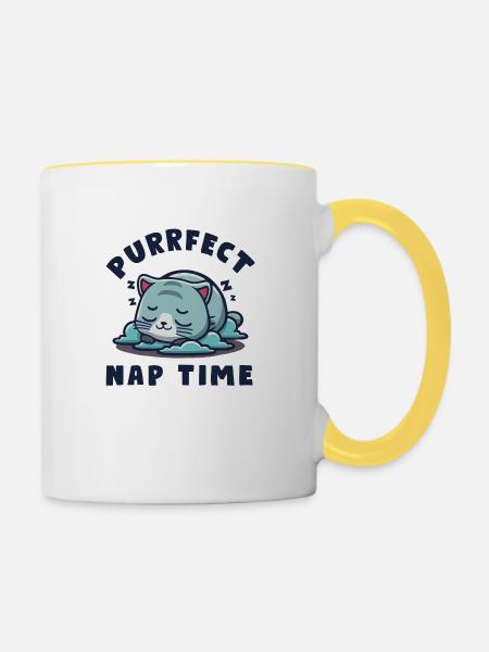 Kawaii Chibi Nap Katze - Tasse zweifarbig - Weiß/Gelb