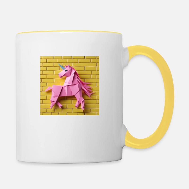 Licorne rose devant un mur jaune - Mug contrasté - blanc/jaune