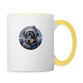 Pinscher d’hiver avec écharpe, veste et bonnet à pompon - Mug contrasté - blanc/jaune - Droite
