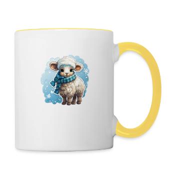 super süsses Schäfchen mit blauem Schal winterlich - Tasse zweifarbig - Weiß/Gelb - Rechts