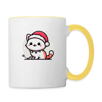 Mignon chat de Noël père Noël chapeau lumières de Noël - Mug contrasté - blanc/jaune - Droite
