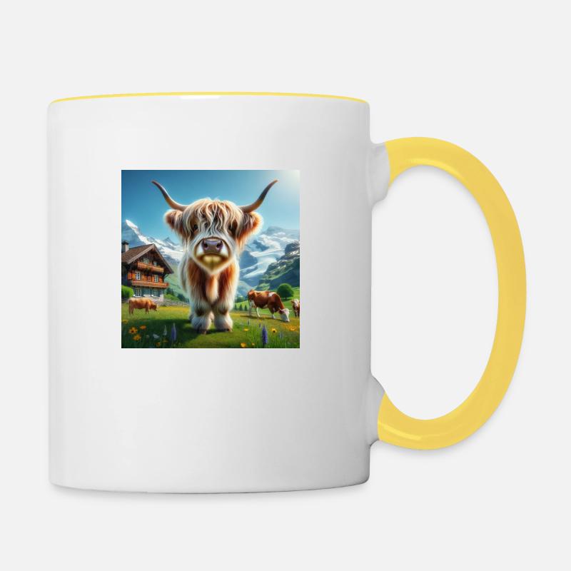 Vache Highland avec de grandes cornes impressionnantes - Mug contrasté - blanc/jaune