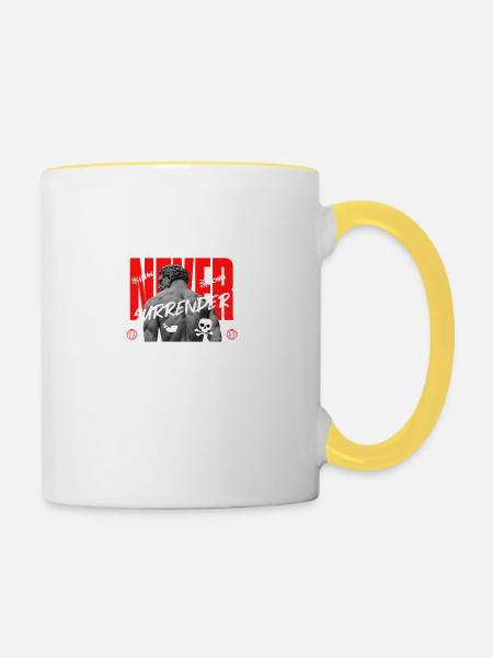 "Never Surrender" Kämpfer Design - Tasse zweifarbig - Weiß/Gelb