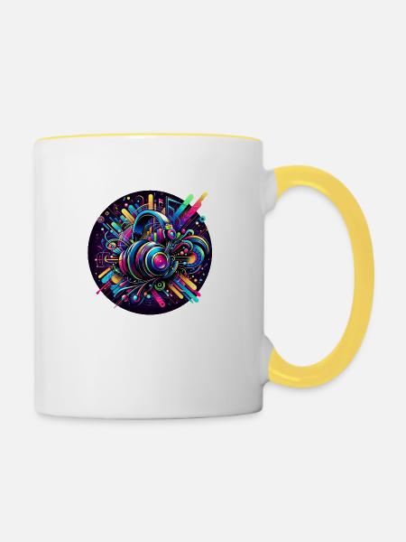 Kosmische Klänge: Farbenfrohes Kopfhörer-Design - Tasse zweifarbig - Weiß/Gelb