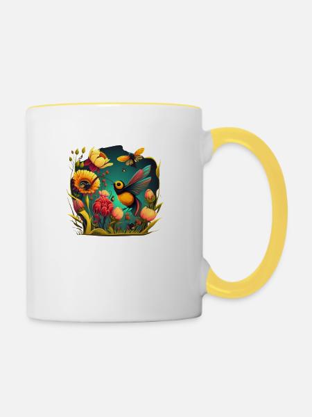 Blumen und Fauna - Tasse zweifarbig - Weiß/Gelb