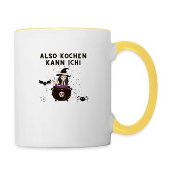 Kochschürze - Hexe spricht: Kochen kann ich! - Tasse zweifarbig - Weiß/Gelb - Rechts