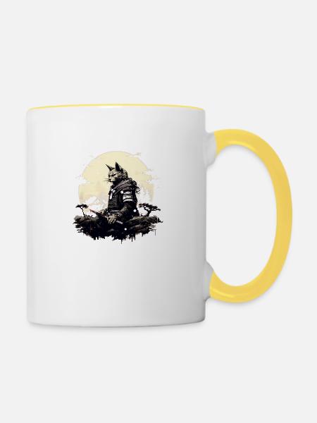 Ronin-Katze - Tasse zweifarbig - Weiß/Gelb
