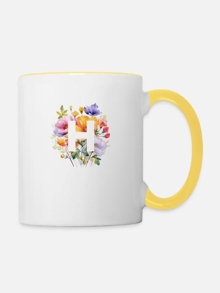 H Monogramm , bunter Blumenstrauss - Tasse zweifarbig - Weiß/Gelb
