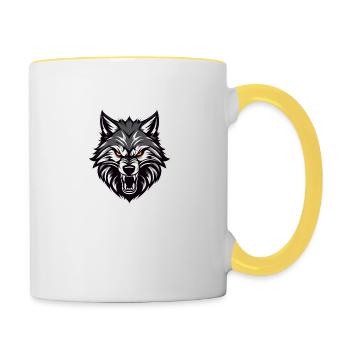Wolf Gym Logo , Wolf Motiv , Wolf Design - Tasse zweifarbig - Weiß/Gelb - Rechts