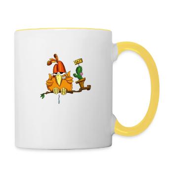 RabatzSpatz YAY lustiger Cartoon Vogel Daumen hoch - Tasse zweifarbig - Weiß/Gelb - Rechts