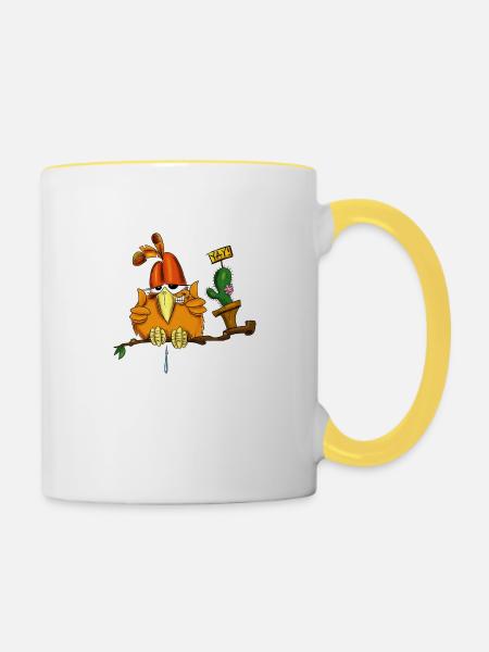 RabatzSpatz YAY lustiger Cartoon Vogel Daumen hoch - Tasse zweifarbig - Weiß/Gelb