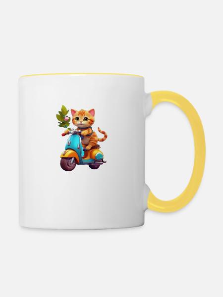 Katze fährt Roller - Tasse zweifarbig - Weiß/Gelb