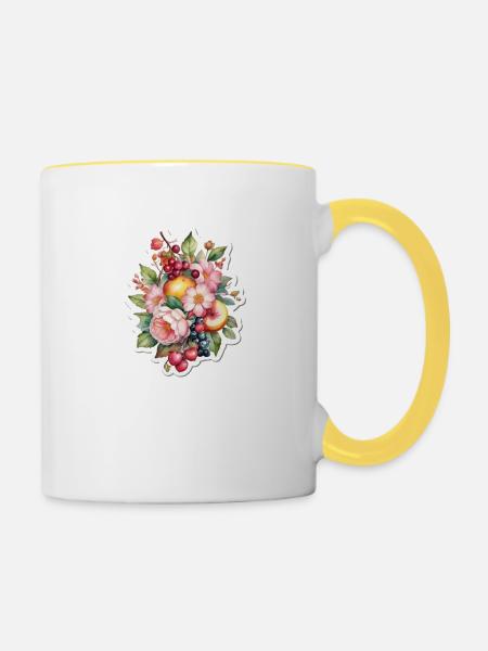Blumen und Obst - Tasse zweifarbig - Weiß/Gelb