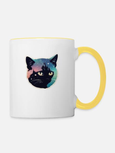 Katze in den Sternen - Tasse zweifarbig - Weiß/Gelb