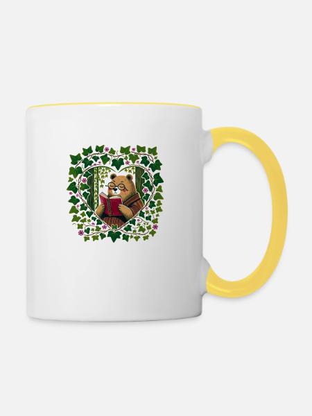 Lesender Braunbär - Tasse zweifarbig - Weiß/Gelb
