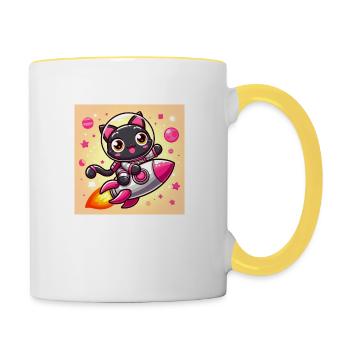 Space Kitty sur une fusée dans l’espace - Mug contrasté - blanc/jaune - Droite
