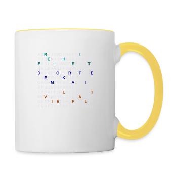 Freiheit, Demokratie und Vielfalt im Letter-Mix. - Tasse zweifarbig - Weiß/Gelb - Rechts