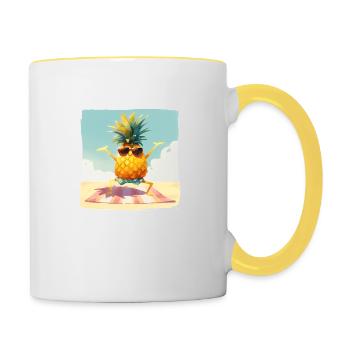 Funny pineapple dancing/exercising on the beach - Contrasting Mug - white/yellow - Right