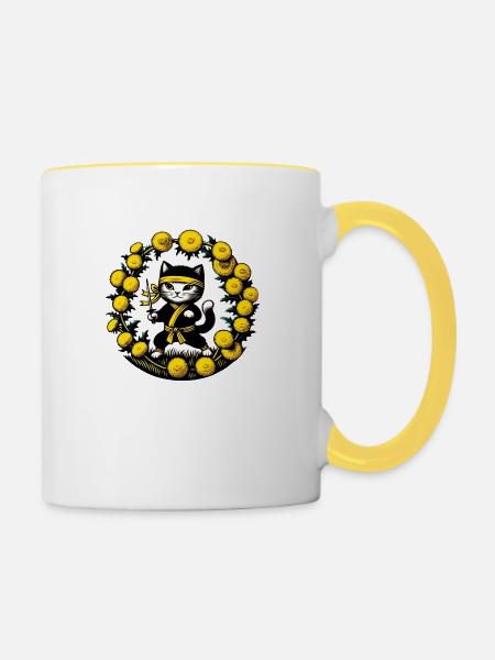 Ninja-Katze - Tasse zweifarbig - Weiß/Gelb