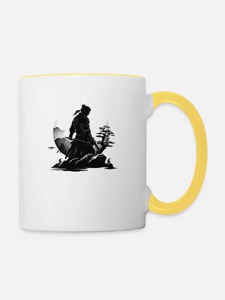 Samurai Krieger Japan Landschaft - Tasse zweifarbig - Weiß/Gelb